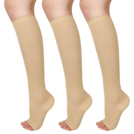 Blahhey 3 pares de calcetines de compresión abiertos para mujeres y hombres de 15 a 25 mmHg calcetines de compresión flexibles para enfermera, correr, embarazo, volar, viajes, Beige, L/XL