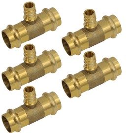 Pex-A Brass Expansion Tee Fitting 3/4" Press x 3/4" Press x 1/2" Pex-A, F1960 Tee for Pex Tubing Connection, No Lead Brass Tee (Pack of 5)