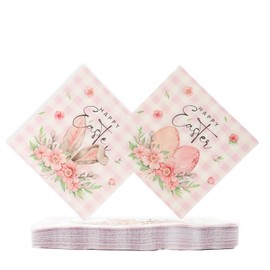 hhdatc 20Pcs Easter Napkins Pink Bunny Disposable Floral Cocktail Napkins for Spring Easter Party Supplies Table Decorations