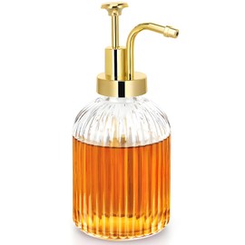 TIWPAJS Glass Coffee Syrup Dispenser 10oz, Syrup Bottles with Ribbed Design, Gold Syrup Pump, Coffee Bar Accessories, Honey Dispenser