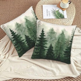 SENRUEGT Watercolor Green Tree Pillow Covers,Nature Themed Throw Pillows Rustic Forest Decorative Pillow Case Decor Square Cushion Cover for Home Sofa Outdoor 18""x18"", Style-13