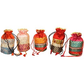 Lot Of Five Drawstring Potli Bags with Brocade Weave – Art Silk