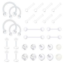 Briana Williams 30pcs Acrylic Clear Piercing Retainers Jewellery Labret Lip Nose Cartilage Tongue Diath Helix Tragus Septum Ring Stud Bar 14/16/20G