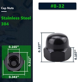 RoyceMart #8-32 (50 Pack) Stainless Steel Cap Nuts, Acorn Cap Dome Head Nuts US Standard, Stainless Steel 304 (18-8), UNC Coarse Thread, Black Coated