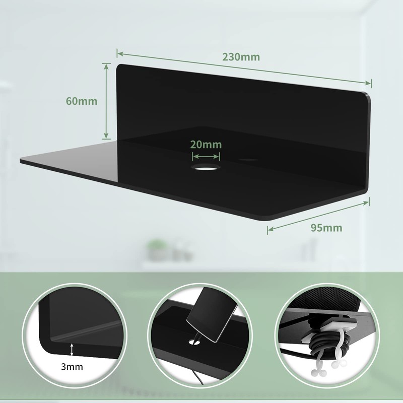 efuturetime® 2 x Wall Shelves, Black Acrylic, 23 x 9.5