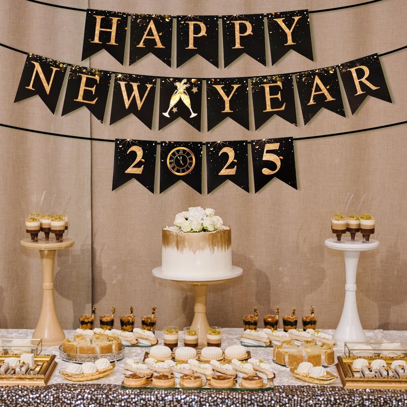 Glitter New Year Banner 2025, Black Golden Happy New Year