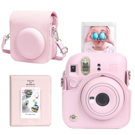 CAIYOULE Protective Camera Case for Instax Mini 12 Instant Camera for Fuji Mini 12 Case PU Leather Carrying Bag with Adjustable Shoulder Strap & 64 Pockets Photo Album - Blossom Pink