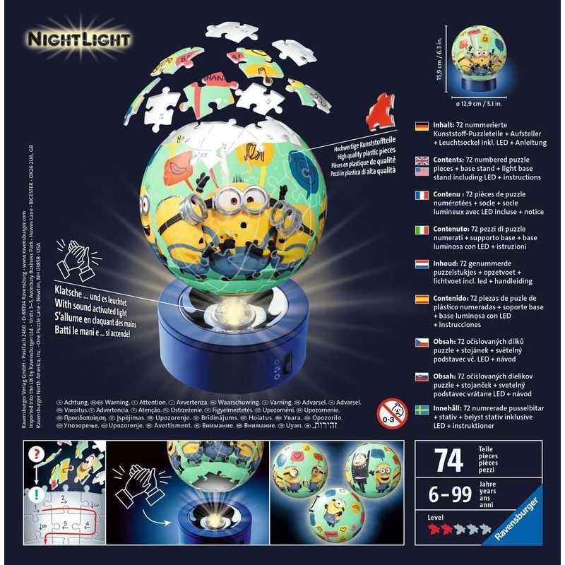 Ravensburger 3D Puzzle 11180 Night Light Puzzle Ball Minions 72