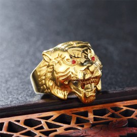 PAMTIER Men's Stainless Steel Vintage Gothic Biker Tiger Head Ring Band Animal Design Size S