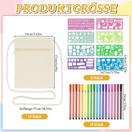 BORISCA Pack of 40 Fabric Bags for Painting Children, 14 Bags for Painting with 18 Coloured Pens and 8 Painting Stencils, DIY Small Shoulder Bags for Schools, Craft Classes, DIY Gifts