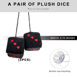 NYTKL Pair Fuzzy Plush Dice for Car Mirror, 3" Retro Square Rearview Mirror Ornament with Heart Shape Pattern, Vintage Hanging Dice Soft Couple Pendant Interior Decor for Women (Black & Red)