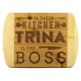 Mom To Be Gifts - In The Kitchen Trina Is The Boss - Mothers Day Gifts, Gift Ideas For Mom, Funny Cutting Board Engraved Bamboo Chopping Block, Bamboo Engraved Cutting Board