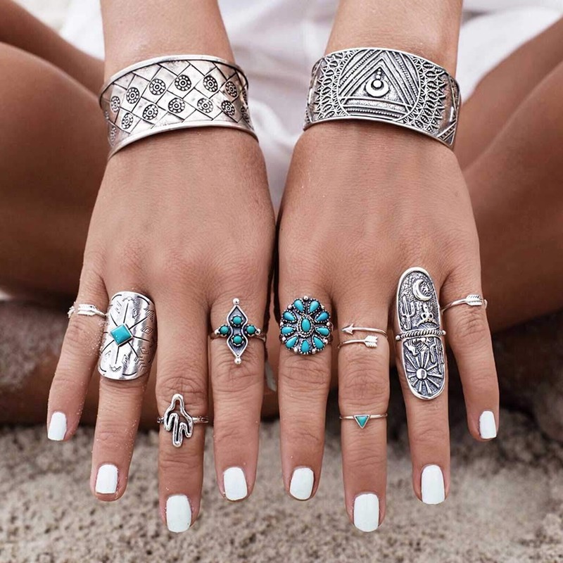 ELABEST Boho Western Ring Set Turquoise Cactus Arrow Joint Knuckle