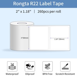 Rongta Label Tape for R22, Standard Laminated Thermal Label Tape Replacement, Waterproof, Oil-Proof Sticker for Home Office Small Business Labeling (White, 2''×1.18'' (260 Labels/Roll))