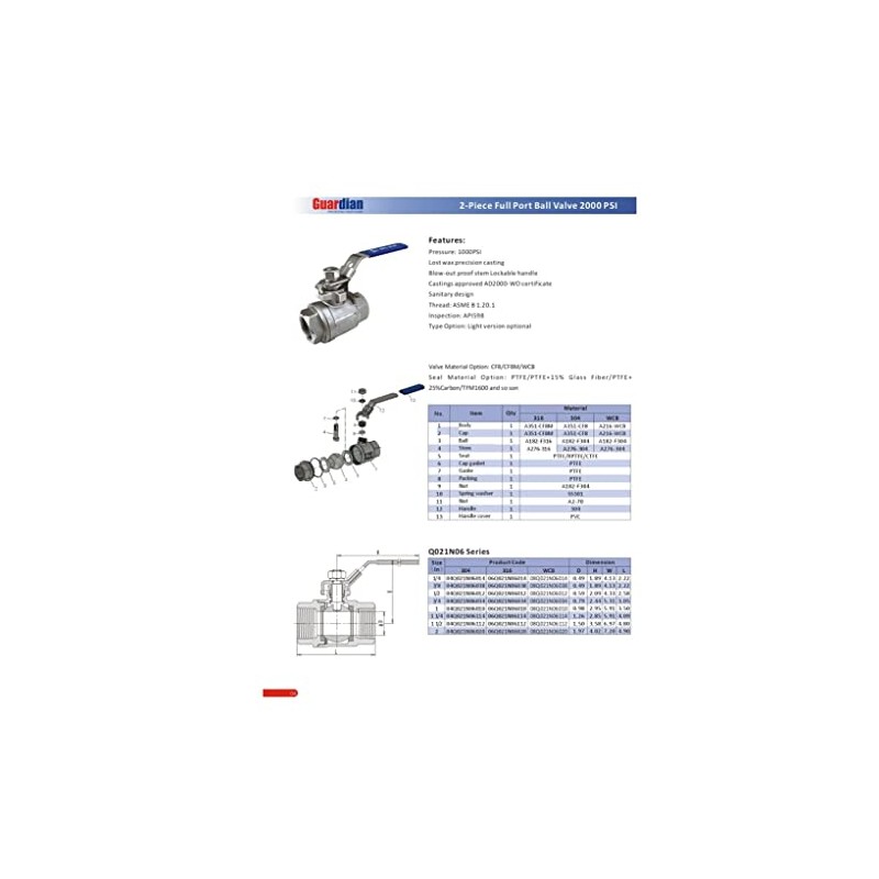 1/4" 316ss 2000PSI 2 PC Full Port Ball Valve