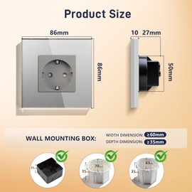 BSEED 1-Way Schuko Socket, Glass Flush-Mounted Socket, Sockets with Crystal Glass Panel, Single Wall Socket, 16 A, EU Standard Extension Sockets, Grey, 86 mm