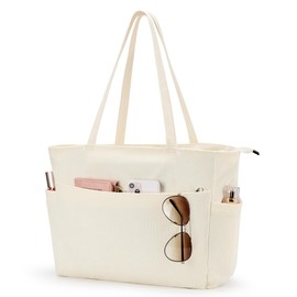 KALIDI Corduroy Tote Bag Large Tote Bag With Zip Pockets Cord Beige Tote Bag For Women School Work College Uni