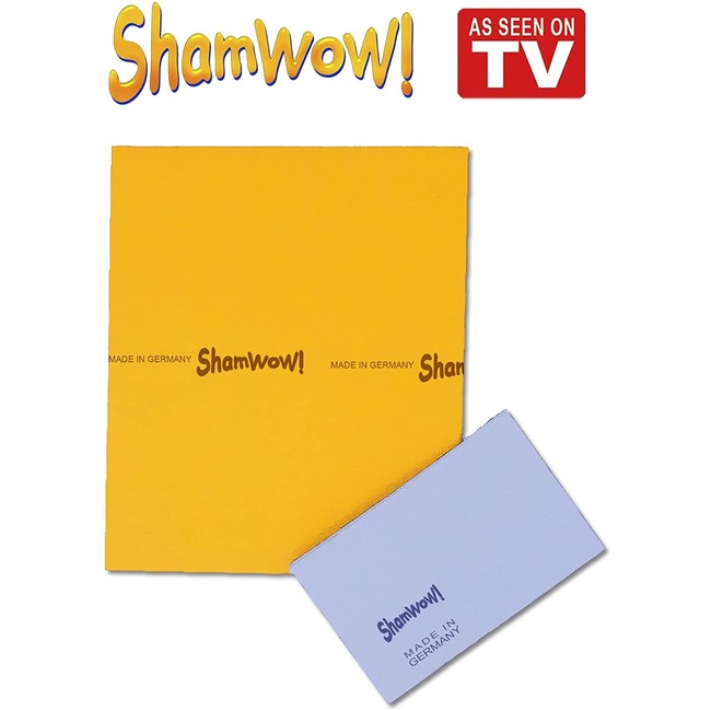 The Original Shamwow - Super Absorbent Multi-Purpose Cleaning Shammy (Chamois) Towel Cloth, Machine Washable, Will Not Scratch (2 Pack: 1 Large Orange and 1 Small Blue)