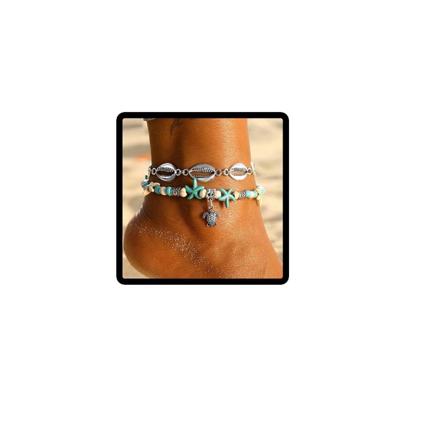 Carufin Turtle Anklet Starfish Turquoise Double Layer Anklets Beaded Shell