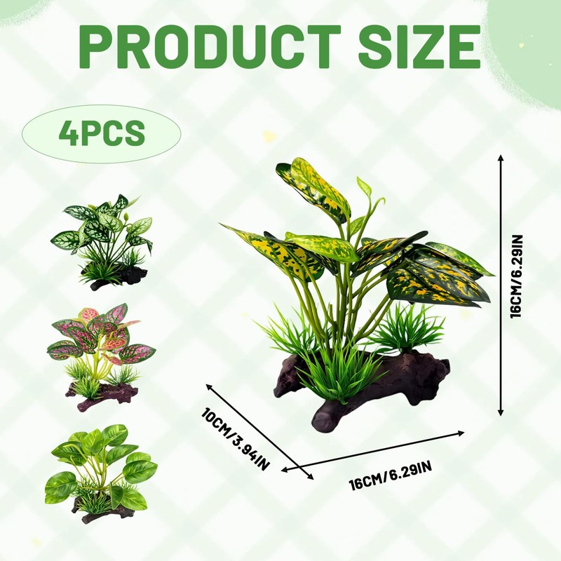 XLTXWD 4Pcs Reptile Accessories, Vivarium Decoration with Three Artificial Plants,