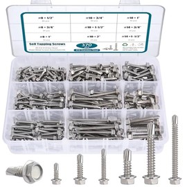 #8#10#14 Self Drilling Screws Assortment Kit,410 Stainless Steel Self Tapping Sheet Metal Screws Hex Washer Head,370Pcs Self Tapping Screws for Metal Wood Plastic,1/2" 3/4" 1" 1-1/2" 2"