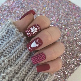 Press On Nails Short Square False Nails Wine Red with Pink Line Designs White Reindeer Heart Winter Matte Full Cover Glue on Nails 24 Pcs for Women Girls