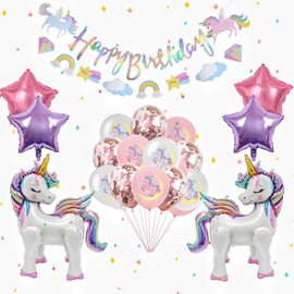 22Pcs Unicorn Balloons Birthday Decorations with Happy Birthday Banner for Girls,Large Unicorn Foil Balloons and Star Baby Shower Party Supplie