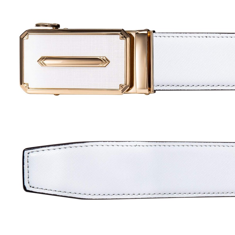 Barry.Wang White and Gold Belt for Men,Formal Dress Ratchet Leather