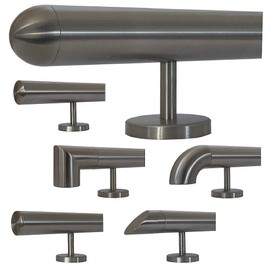 Stainless Steel Handrail, 33.7 mm in Diameter with Straight Holder & Various End Pieces (Flat, Curved, Semi-Circular, Arch, Corner, Inclined)