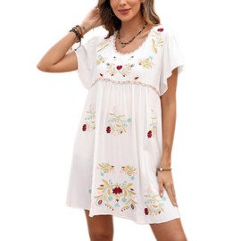 Mexican Embroidered Dress for Women Mini Boho Dresses Hippie Floral Ethnic Vintage Embroidery Traditional Drape Tunic Dress White