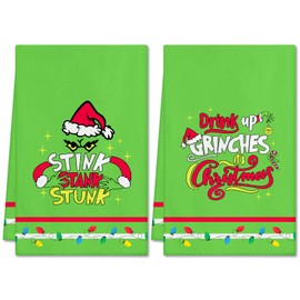 Ohok Pack of 2 Christmas Towels 45 x 65 cm, Fashion Decoration Kitchen Towels Grich Santa Claus Tea Towels Soft Microfibre Cloths for Bathroom Kitchen Drying Towel Christmas Decoration (Set A)