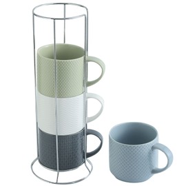 Hasense Stackable Porcelain Coffee Mugs Set of 4 with Metal Stand, 15 Ounce Embossed Cappuccino Cups for Specialty Coffee Drinks and Tea, Multi Color