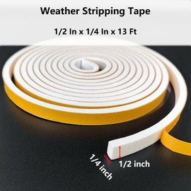 Weather Stripping Door Seal Strip, Strong Adhesive, Weatherproof, Reduce Noise, Gap Filler, Foam Insulation Tape for Doors and Windows (1/2 in x 1/4 in x 13 Ft), White