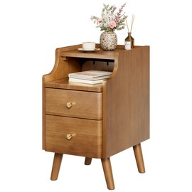 Narrow Nightstand, Solid Wood Night Stand with 2 Drawers, Walnut Mid Century Modern Nightstand, Small Beside Table with Open Storage Shelf for Bedroom(12 Inch)