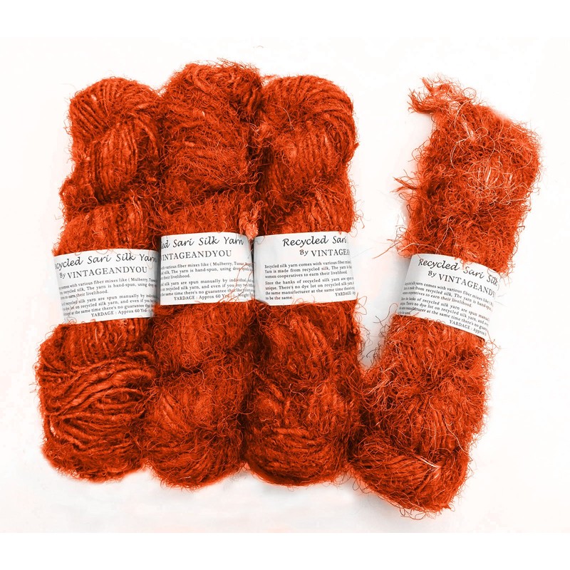 (Orange) - 100g Recycled Sari Silk Yarn Hand-spun Orange Soft