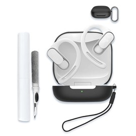 WUNIAK Case Cover for SHOKZ OpenFit Air,Full Protective Soft Silicone Skin Case Shock-Absorbing Protective Case with Keychain,Lanyard and Cleaning Pen [Front LED Visible]-Black