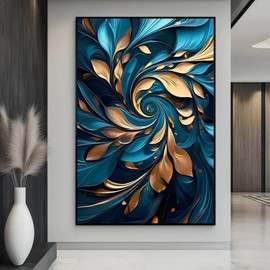Deocorlevel Abstract Blue And Gold Wall Art Golden Leaves Picture Gold Foil Artwork Blue Abstract Wall Art Modern Golden Painting Modern Leaves Painting For Living Room 16x24inch Frameless