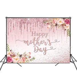 Fitumiw Happy Mother's Day Backdrop 7x5ft Pink Floral Glitter Mother's Day Photography Background Party Decorations Thanks Mom I Love Mom Gift Wall Decor Banner Photo Booth Props