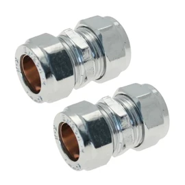 WRAS 15mm Chrome Plated Compression Straight Connectors 2 Pack BS EN 1254-2 Compliant Coupling Plumbing Fittings for Copper Pipe, Ideal for 15mm Copper Pipe Connections