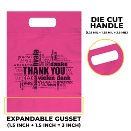 ALFAEX Pack of 40 Die Cut Thank You Bags in Various Languages. Strong and Reusable for Small Businesses and Gift Items. (Hot Pink, Small (9" x 12" x 1.5" Gusset))