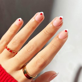 Valentines Press on Nails Short Almond Glossy White French False Nails Red Love Heart Stick on Nails Red Love Heart Acrylic Fake Nail Romantic Gift Gel Glue on Nails for Coquette Women Girls 24Pcs