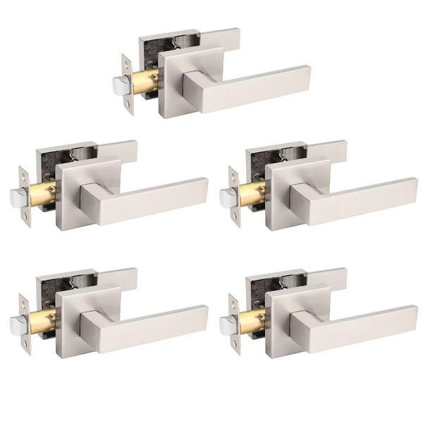 NIZADO 5 Pack Square Passage Door Levers, Brushed Nickel Interior