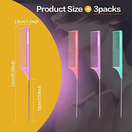 3 PCS Rat Tail Combs Parting Rattail Teasing Fine Tooth Comb with Metal Pick for Curly Hair,Detangling Parting Combs for Women,for Braiding,Styling Ha