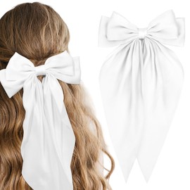 OndderWhite Oversized Hair Bows Satin Hair Bows for Women Large Bows Hair Clip Hair Ribbons Long Tail Big Bows Hair Accessories for Women Girls
