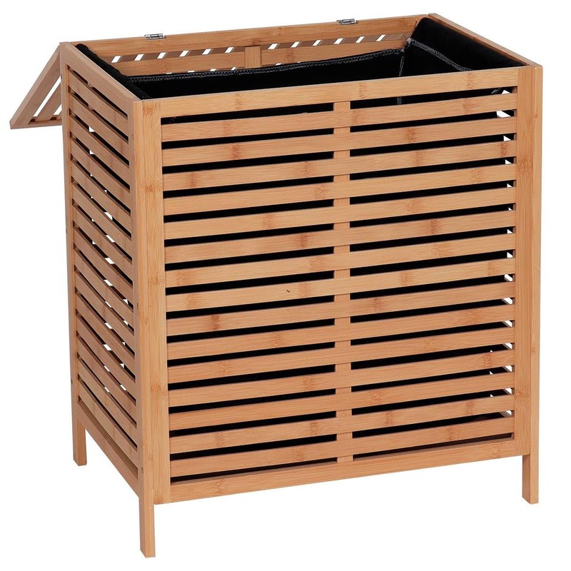 Bamboo Laundry Hamper with Lid, Removable Bag, Slatted Ventilation Design,
