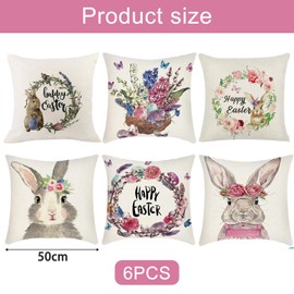 LOEPENLE Set of 6 Easter Cushion Covers, 50 x 50 cm Easter Cushion Cover, Modern Easter Decoration, Linen Cushion Cover, Easter Decorative Cushion Covers, Easter Bunny Sofa Cushion, Happy Easter