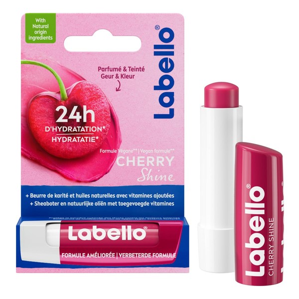 NIVEA Labello Cherry Shine (1 x 5,5 ml), Baume à lèvres enrichi en huiles naturelles et vitamines E & C, Soin des lèvres Hydratation longue durée pendant 24H