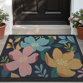 DEXI Front Door Mat Outside Entrance, Spring Floral Plant Welcome Doormat, Non Slip Dirt Resist Heavy Duty Entry Mats for Entryway, 17x30, Turquoise