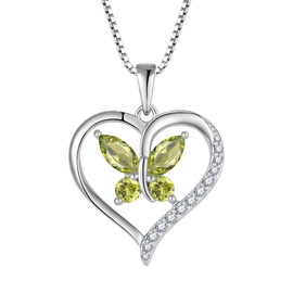 FJ Heart Butterfly Pendant Necklace 925 Sterling Silver Peridot Necklace August Birthstone Jewellery for Women