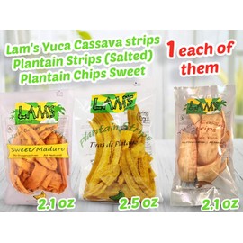 Lam's Plantain chips, banana chips, Sweet || Maduro || Yuca || Cassava strips || Regular Plantain Chips || 2.5 oz (1Lam's Sweet+1Lam's Yuca+1Lam's Regular)